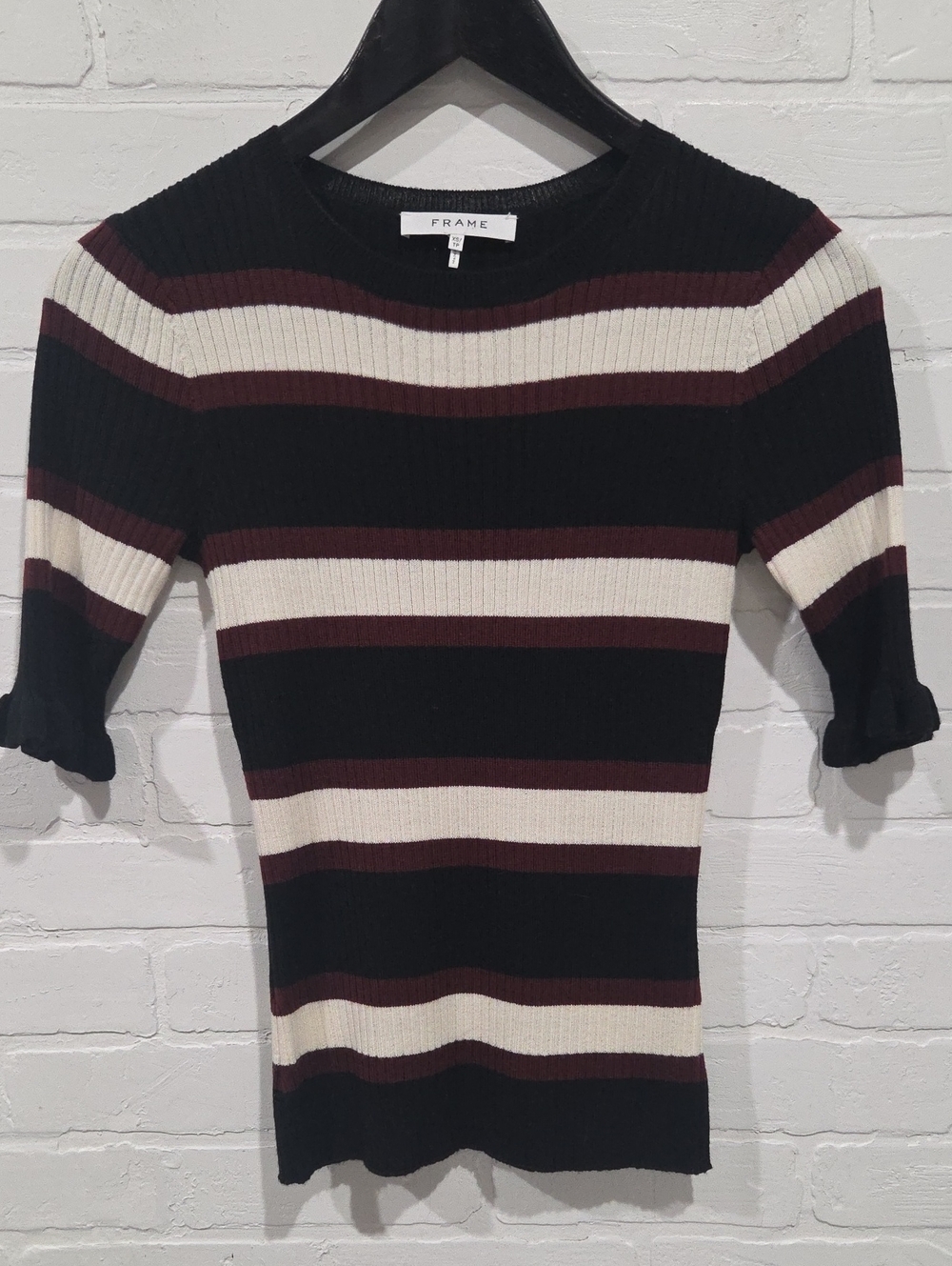 Frame Denim Wool Blend Ribbed Striped Short-Sleeve Sweater
